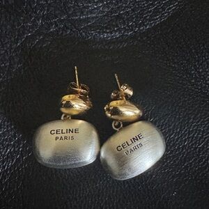 CELINE Silver & Golden Rectangle Earrings stud Auth